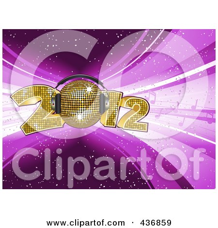 Royalty-Free (RF) Clipart Illustration of a Golden Disco Ball With Headphones As Part Of 2012 On Purple by elaineitalia