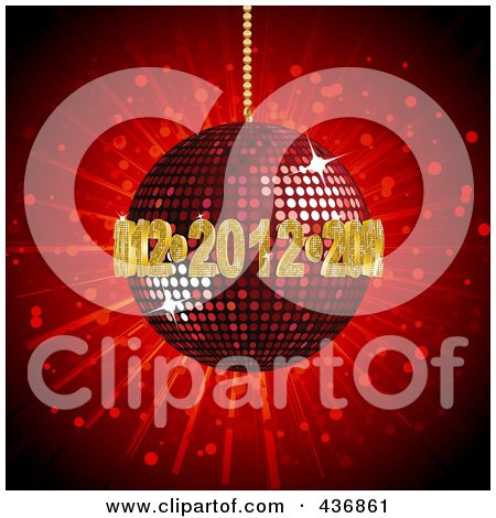 Royalty-Free (RF) Clipart Illustration of Golden 2012s Circling A Red Disco Ball On Red by elaineitalia