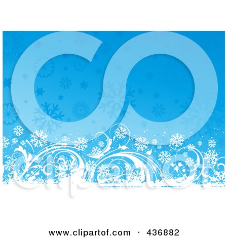 Royalty-Free (RF) Clipart Illustration of a Grungy White Floral Vine Over A Background Of Blue Snowflakes by KJ Pargeter