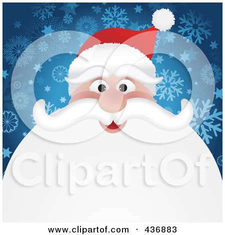 Royalty-Free (RF) Clipart Illustration of Santas Face With A Big White Beard Over Blue Snowflakes by KJ Pargeter