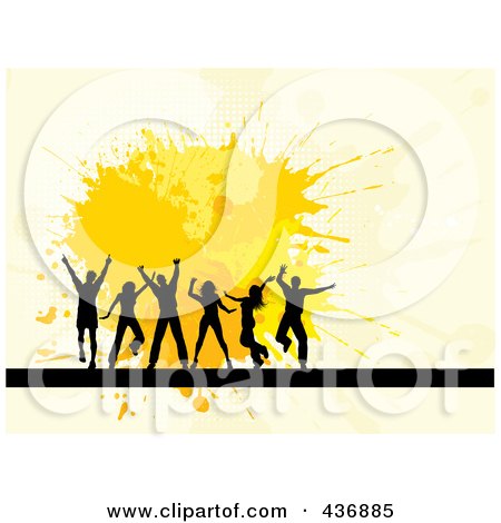 Royalty-Free (RF) Clipart Illustration of Happy Silhouetted Dancers Over Yellow Splatters On Beige by KJ Pargeter