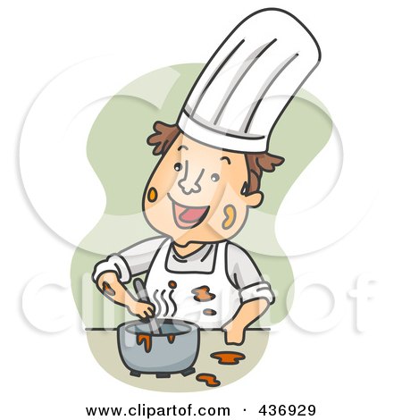 Royalty-Free (RF) Clipart Illustration of a Messy Chef Happily Mixing Ingredients Over Green by BNP Design Studio