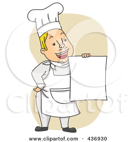 Royalty-Free (RF) Clipart Illustration of a Happy Chef Holding Up A Menu Over Tan by BNP Design Studio