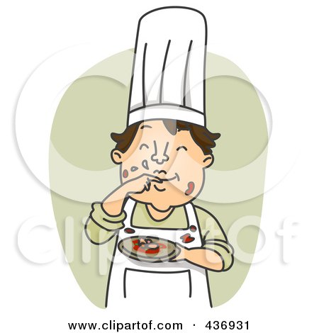 Royalty-Free (RF) Clipart Illustration of a Messy Chef Tasting His Sauce Over Green by BNP Design Studio