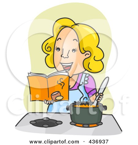 Royalty-Free (RF) Clipart Illustration of a Happy Mom Reading A Cook Book And Stirring Soup Over Green by BNP Design Studio