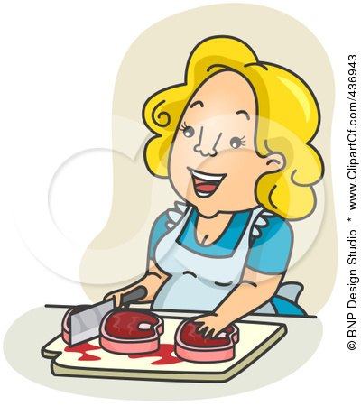 Royalty-Free (RF) Clipart Illustration of a Happy Mother Chopping Meat Over Tan by BNP Design Studio