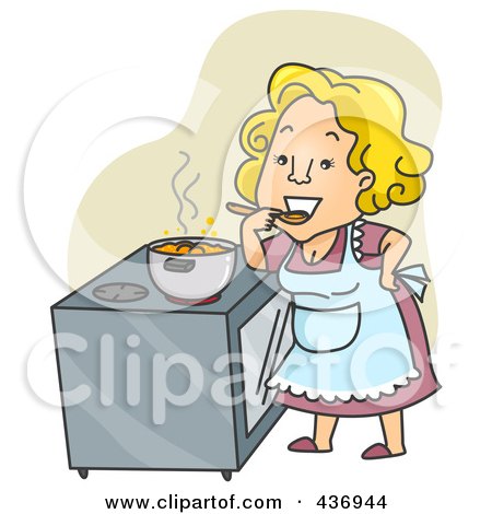Royalty-Free (RF) Clipart Illustration of a Happy Woman Tasting Her Stew Over Green by BNP Design Studio