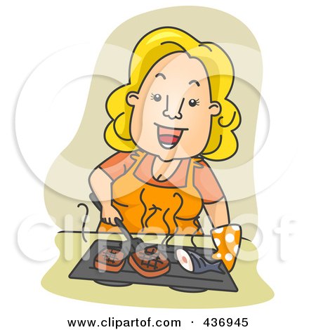 Royalty-Free (RF) Clipart Illustration of a Happy Woman Grilling Fish And Meat Over Tan by BNP Design Studio