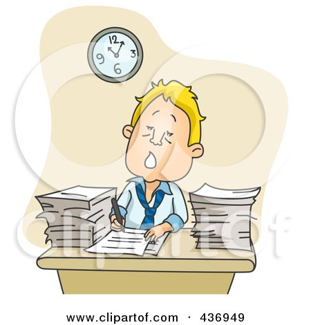 Royalty-Free (RF) Clipart Illustration of a Tired Businessman Working Overtime On Paperwork by BNP Design Studio