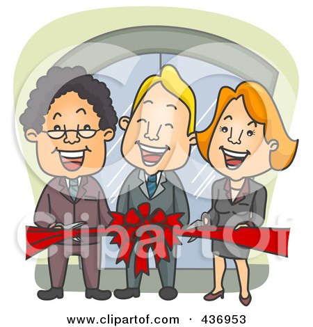 Royalty-Free (RF) Clipart Illustration of a Happy Business Team Cutting A Red Ribbon by BNP Design Studio