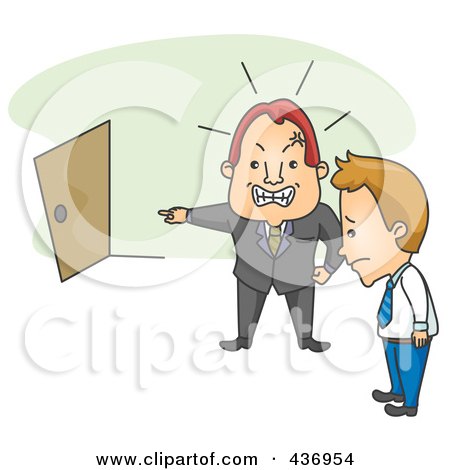 Royalty-Free (RF) Clipart Illustration of a Boss Firing His Employee And Pointing At A Door Over Green by BNP Design Studio
