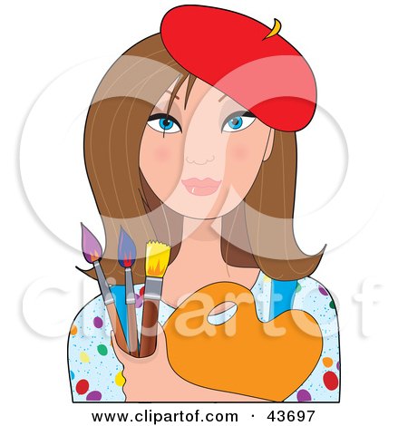 Clipart Illustration of a Pretty Female Brunette Artist Holding A Palette And Brushes by Maria Bell