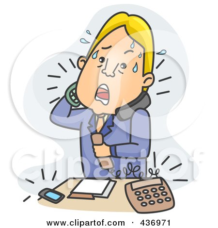Royalty-Free (RF) Clipart Illustration of a Stressed Businessman Answering Phone Calls Over Blue by BNP Design Studio