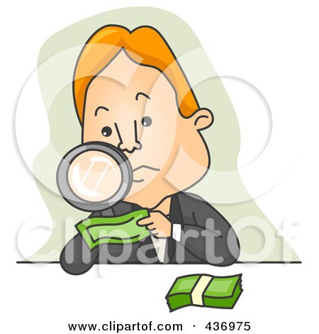 Royalty-Free (RF) Clipart Illustration of a Businessman Inspecting Money With A Magnifying Glass, Over Green by BNP Design Studio