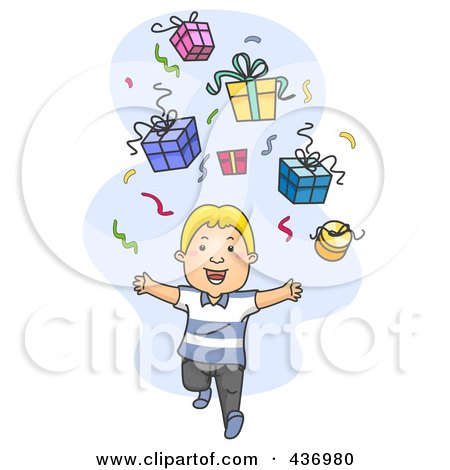 Royalty-Free (RF) Clipart Illustration of a Happy Boy Running Under Gifts And Confetti by BNP Design Studio
