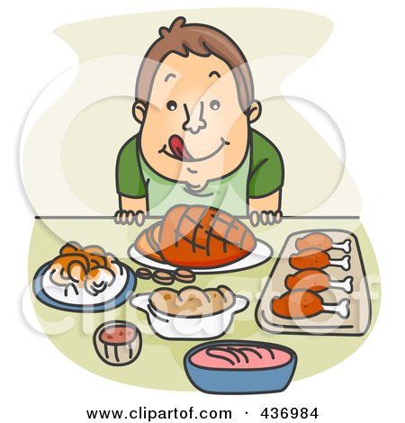 Royalty-Free (RF) Clipart Illustration of a Hungry Boy Licking His Lips And Sitting Before A Feast by BNP Design Studio