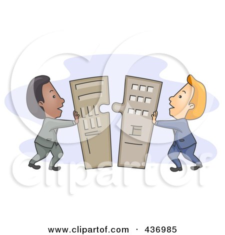 Royalty-Free (RF) Clipart Illustration of Businessmen Pushing Merger Pieces Together  by BNP Design Studio