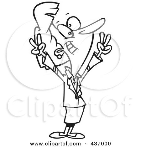 Royalty-Free (RF) Clipart Illustration of a Black And White Outline Design Of A Victorious Businesswoman Gesturing With Her Hands by toonaday