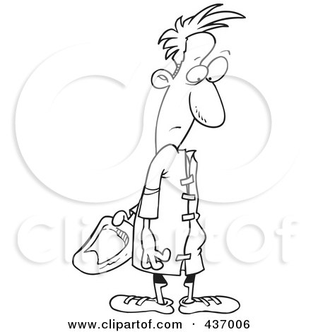 Royalty-Free (RF) Clipart Illustration of a Black And White Outline Design Of A Male Patient Looking Back At The Velcro On His Hospital Gown by toonaday