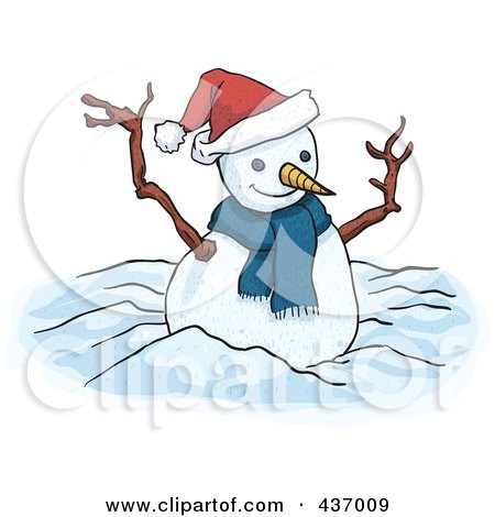 Royalty-Free (RF) Clipart Illustration of a Cute Carrot Nosed Winter Snowman With A Santa Hat by PlatyPlus Art