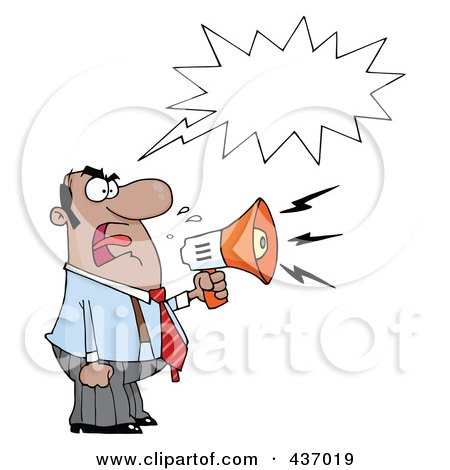 Royalty-Free (RF) Clipart Illustration of a Hispanic Business Man Yelling Through A Megaphone With A Word Balloon by Hit Toon