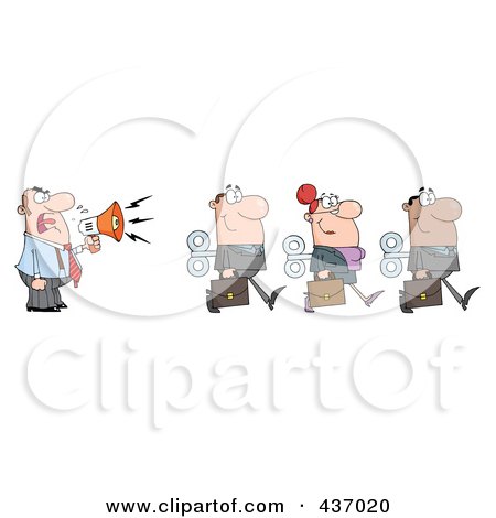 Royalty-Free (RF) Clipart Illustration of a Caucasian Businessman Yelling After His Wind Up Employees With A Megaphone by Hit Toon