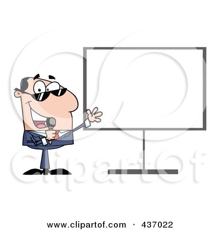 Royalty-Free (RF) Clipart Illustration of a Caucasian Tv Show Host Presenting A Blank Board by Hit Toon