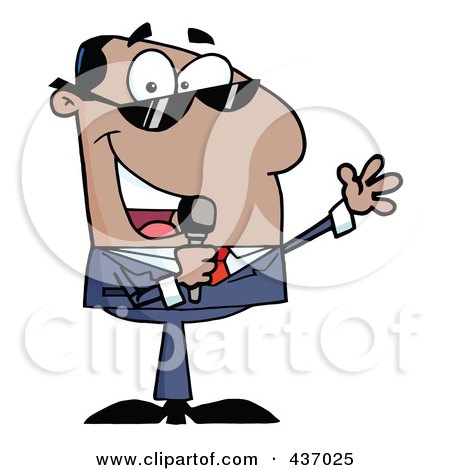 Royalty-Free (RF) Clipart Illustration of a Hispanic Tv Show Host Talking Through A Microphone by Hit Toon