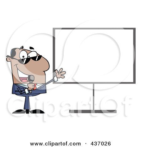Royalty-Free (RF) Clipart Illustration of a Hispanic Tv Show Host Presenting A Blank Board by Hit Toon