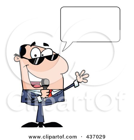 Royalty-Free (RF) Clipart Illustration of a Caucasian Tv Show Host With A Speech Bubble Talking Through A Microphone by Hit Toon