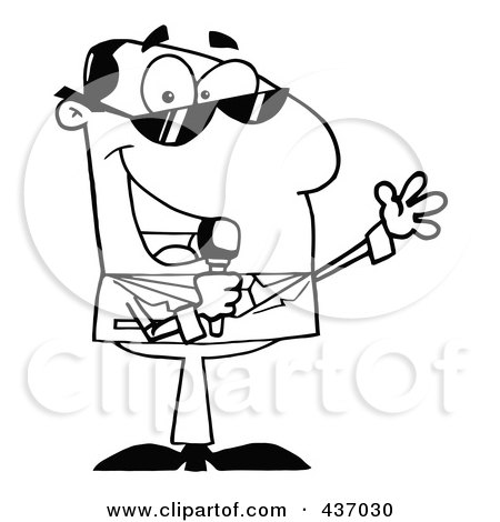 Royalty-Free (RF) Clipart Illustration of an Outlined Tv Show Host Talking Through A Microphone by Hit Toon
