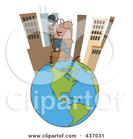 Royalty-Free (RF) Clipart Illustration of a Hispanic Businesswoman Tall City On Top Of A Globe by Hit Toon