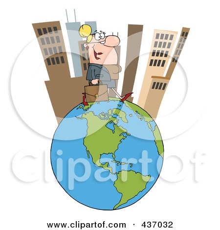 Royalty-Free (RF) Clipart Illustration of a Caucasian Businesswoman Walking In A Tall City On Top Of A Globe by Hit Toon