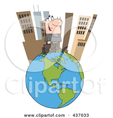 Royalty-Free (RF) Clipart Illustration of a Caucasian Businessman Walking In A Tall City On Top Of A Globe by Hit Toon