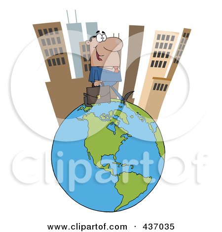 Royalty-Free (RF) Clipart Illustration of a Hispanic Businessman Tall City On Top Of A Globe by Hit Toon