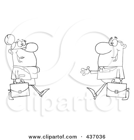 Royalty-Free (RF) Clipart Illustration of an Outlined Businessman Greeting A Businesswoman by Hit Toon
