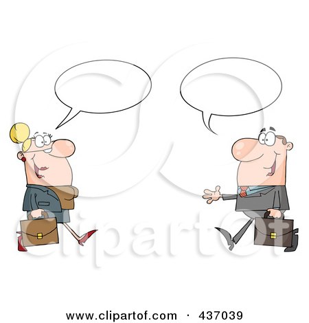 Royalty-Free (RF) Clipart Illustration of a Caucasian Businessman And Woman Meeting With Speech Balloons by Hit Toon