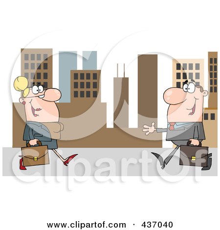 Royalty-Free (RF) Clipart Illustration of a Caucasian Businessman And Woman Meeting In A City by Hit Toon