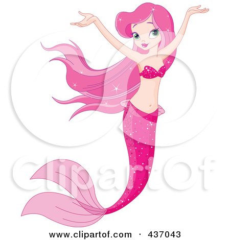 Royalty-Free (RF) Clipart Illustration of a Pretty Pink Haired Mermaid Holding Her Arms Up by Pushkin