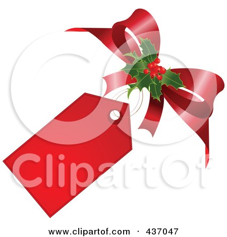 Royalty-Free (RF) Clipart Illustration of a Red Christmas Tag With A Ribbon And Holly by Pushkin