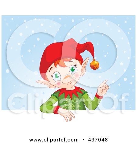 Royalty-Free (RF) Clipart Illustration of a Christmas Elf Resting On A Blank Sign Against A Blue Snow Background by Pushkin
