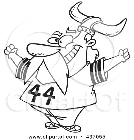 Royalty-Free (RF) Clipart Illustration of a Black And White Outline Design Of A Viking Fan Wearing A Helmet And Cheering by toonaday