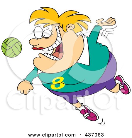 Royalty-Free (RF) Clipart Illustration of a Chubby Female Volleyball Player Jumping To Hit The Ball by toonaday