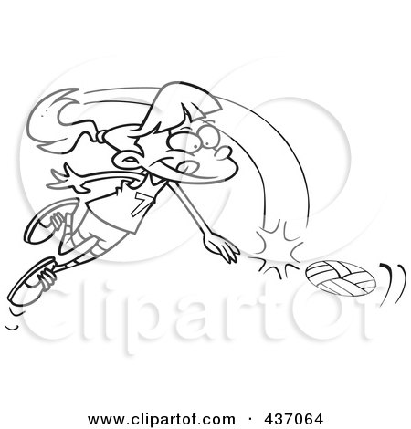 Royalty-Free (RF) Clipart Illustration of a Black And White Outline Design Of A Girl Whacking A Volleyball by toonaday
