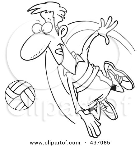 Royalty-Free (RF) Clipart Illustration of a Black And White Outline Design Of A Male Volleyball Player Hitting A Ball by toonaday