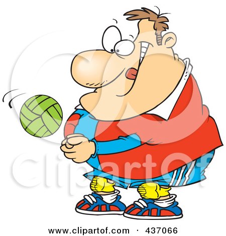 Royalty-Free (RF) Clipart Illustration of a Cartoon Chubby Male Volleyball Player Hitting A Ball by toonaday