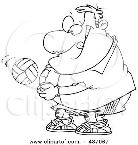 Royalty-Free (RF) Clipart Illustration of a Black And White Outline Design Of A Chubby Male Volleyball Player Hitting A Ball by toonaday