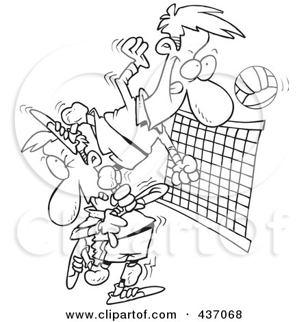 Royalty-Free (RF) Clipart Illustration of a Black And White Outline Design Of A Male Volleyball Player Stepping On A Team Mate To Hit The Ball by toonaday