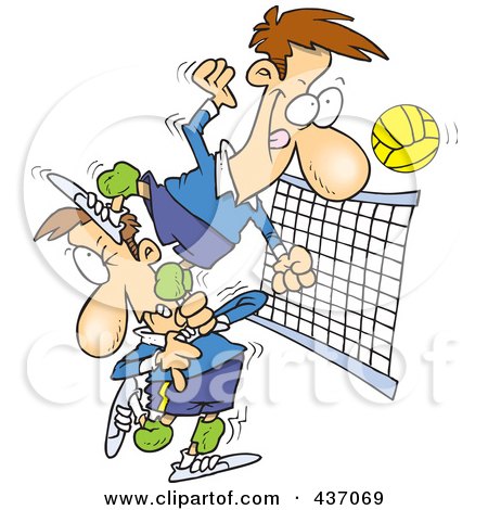 Royalty-Free (RF) Clipart Illustration of a Cartoon Male Volleyball Player Stepping On A Team Mate To Hit The Ball by toonaday