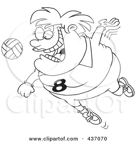 Royalty-Free (RF) Clipart Illustration of a Black And White Outline Design Of A Chubby Female Volleyball Player Jumping To Hit The Ball by toonaday